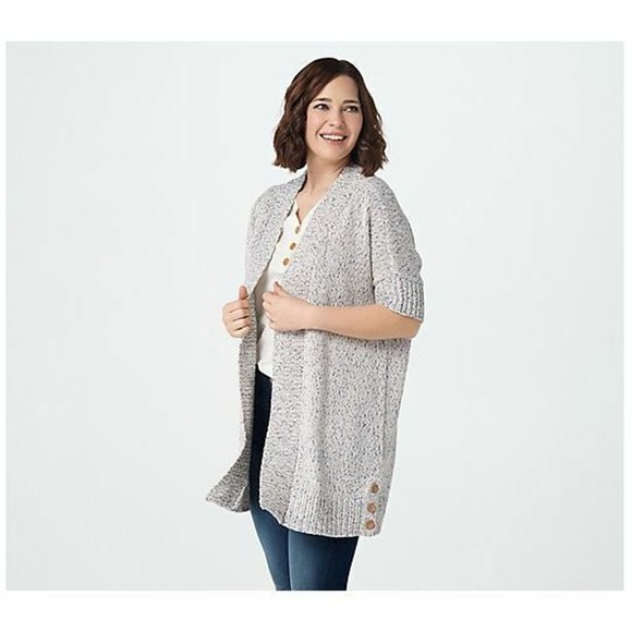 DENIM & CO. NATURALS NEW $65 Open Front Cardigan Button Detail Blue Multi XXS - Picture 1 of 4